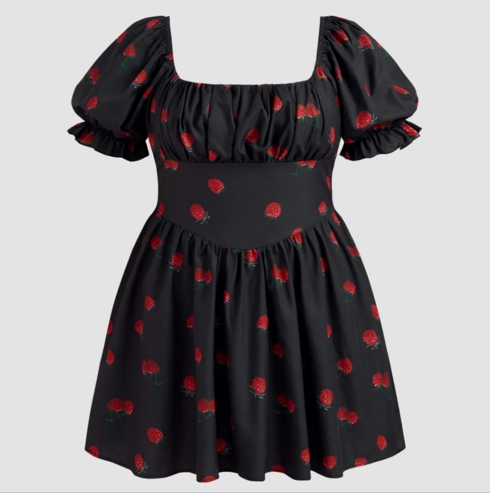 Black Dress with Red Berry Pattern